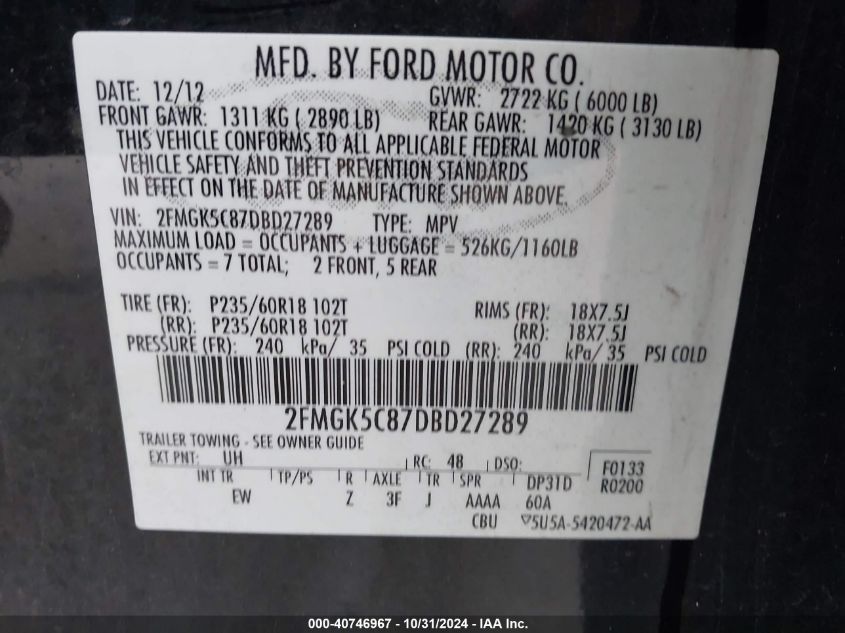 2013 Ford Flex Sel VIN: 2FMGK5C87DBD27289 Lot: 40746967