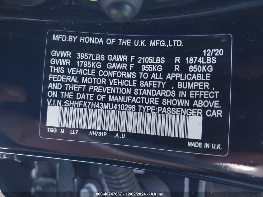 2021 HONDA CIVIC SPORT SHHFK7H43MU410298