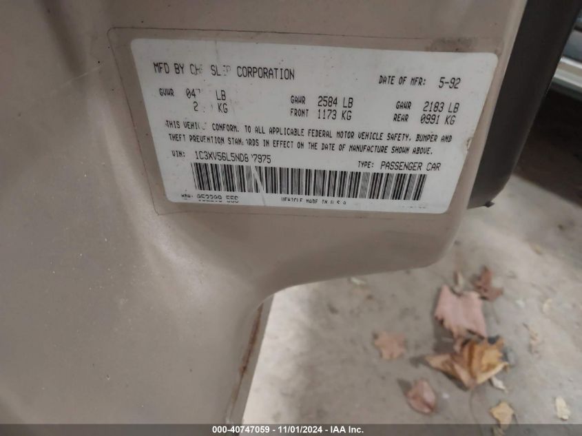 1992 Chrysler Imperial VIN: 1C3XV56L5ND837975 Lot: 40747059