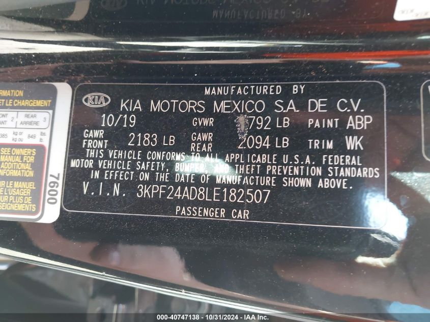 2020 Kia Forte Fe VIN: 3KPF24AD8LE182507 Lot: 40747138