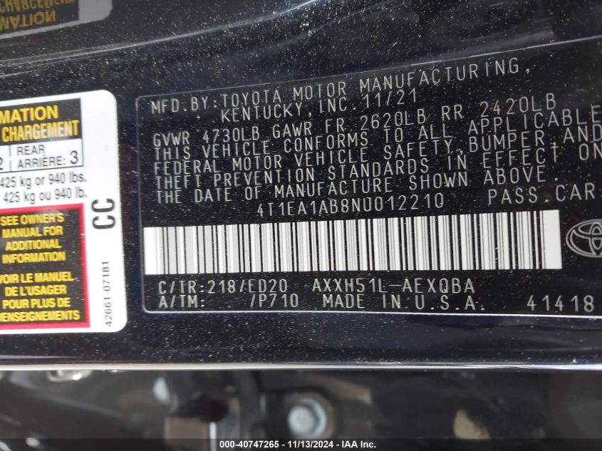 2022 Toyota Avalon Xse Nightshade Hybrid VIN: 4T1EA1AB8NU012210 Lot: 40747265