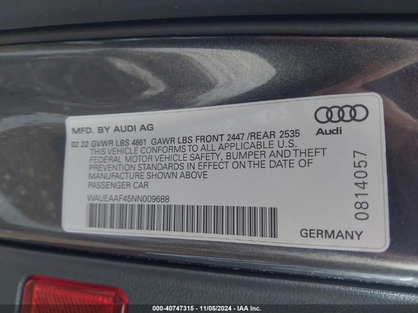 2022 Audi A4 Premium Plus 45 Tfsi S Line Quattro S Tronic VIN: WAUEAAF45NN009688 Lot: 40747315