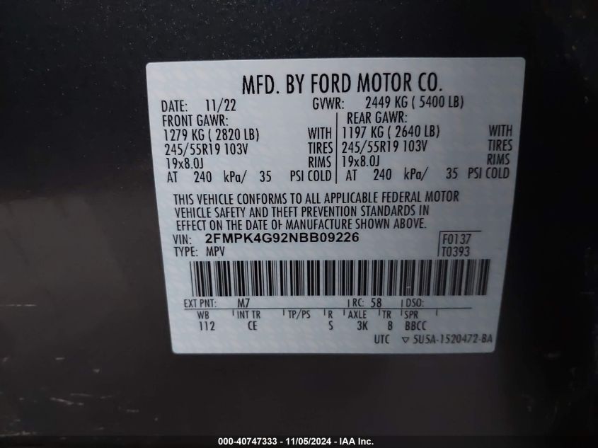 2022 Ford Edge Se VIN: 2FMPK4G92NBB09226 Lot: 40747333