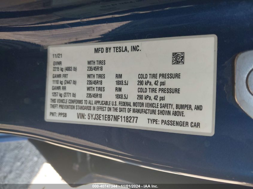 2022 Tesla Model 3 Long Range Dual Motor All-Wheel Drive VIN: 5YJ3E1EB7NF118277 Lot: 40747344