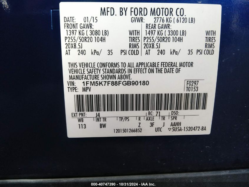 VIN 1FM5K7F88FGB90180 2015 FORD EXPLORER no.9