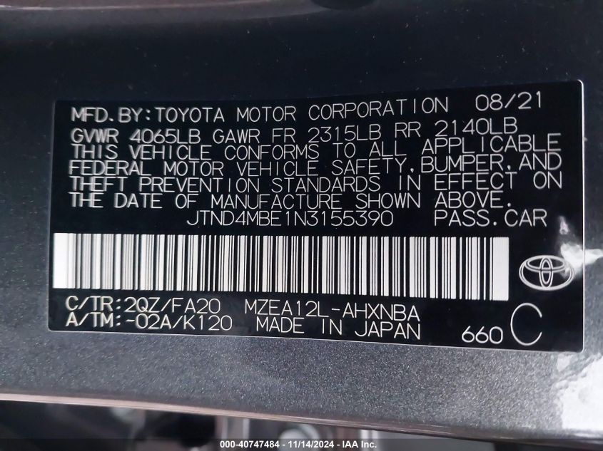 2022 Toyota Corolla Se VIN: JTND4MBE1N3155390 Lot: 40747484