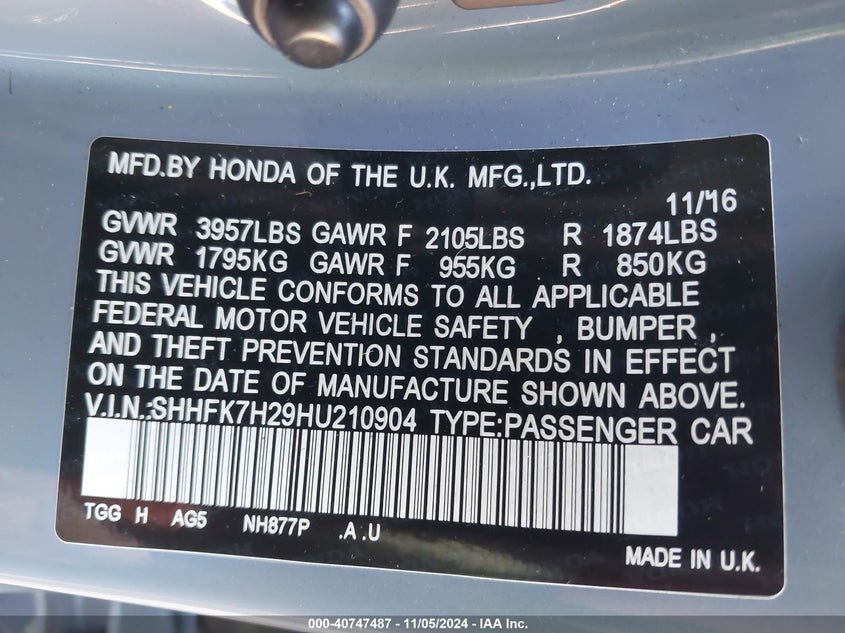 2017 HONDA CIVIC VIN: SHHFK7H29HU210904