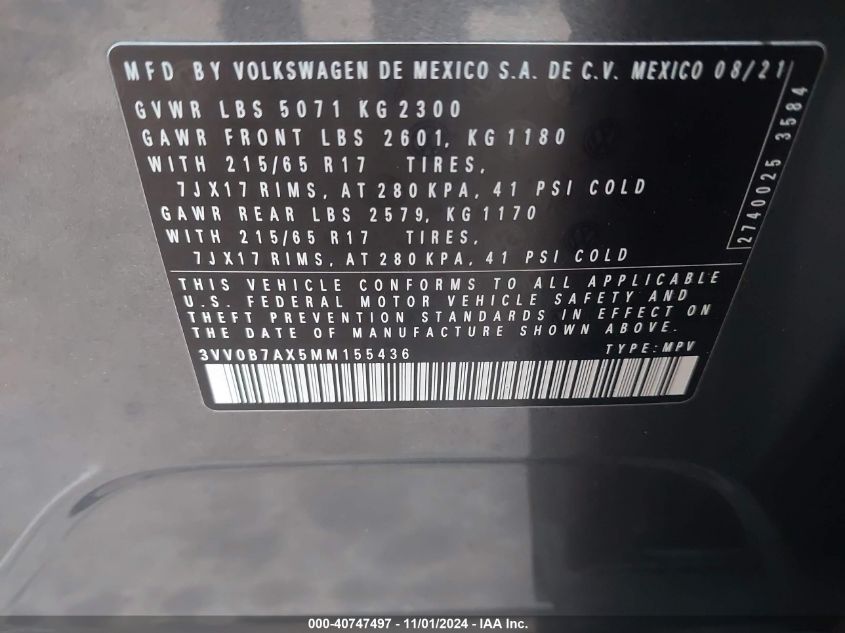 2021 Volkswagen Tiguan 2.0T S VIN: 3VV0B7AX5MM155436 Lot: 40747497