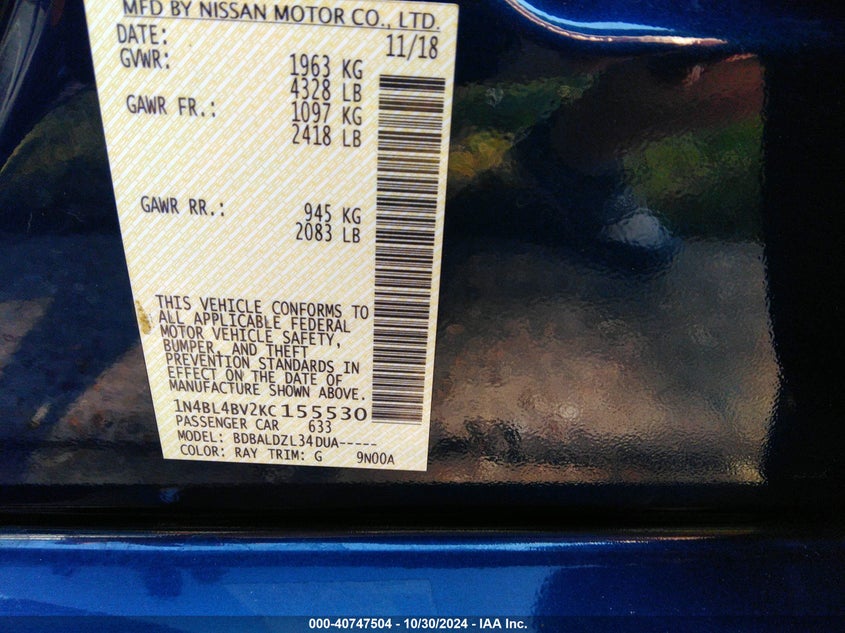 VIN 1N4BL4BV2KC155530 2019 NISSAN ALTIMA 2.5 S