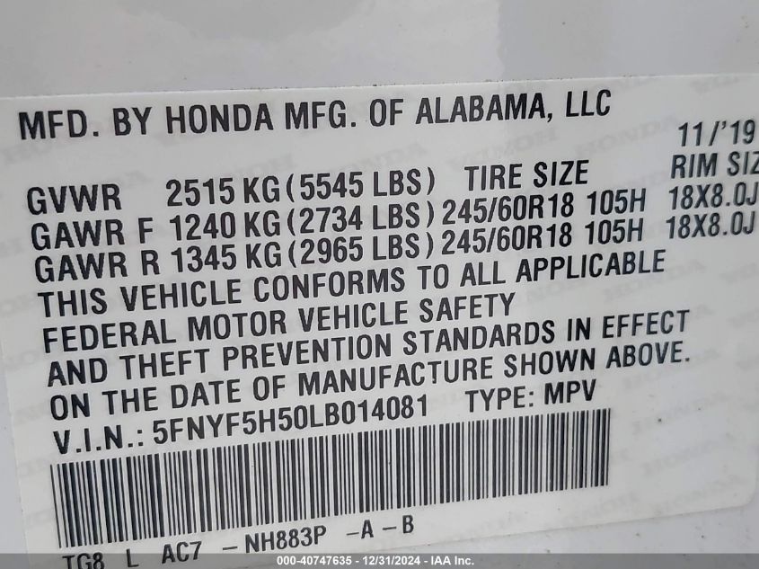 VIN 5FNYF5H50LB014081 2020 Honda Pilot, 2Wd Ex-L no.9