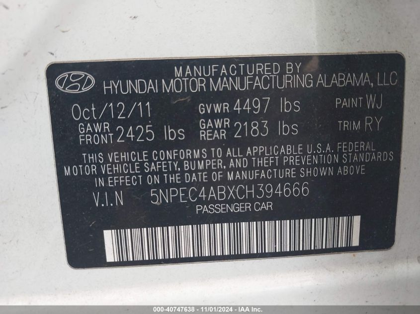 2012 Hyundai Sonata Se 2.0T VIN: 5NPEC4ABXCH394666 Lot: 40747638