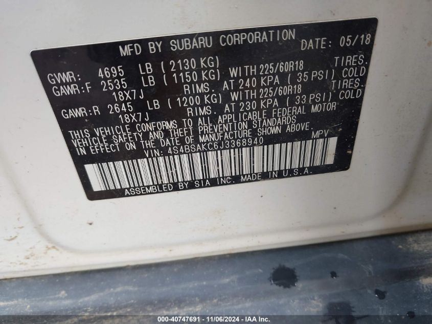 VIN 4S4BSAKC6J3368940 2018 SUBARU OUTBACK 2.5I LIMITED