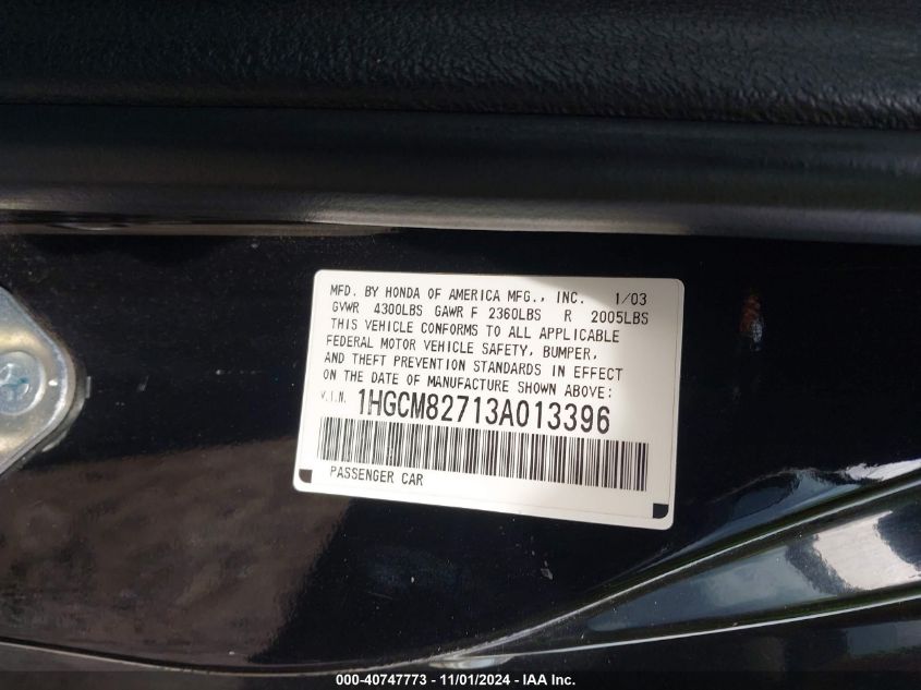 2003 Honda Accord 3.0 Ex VIN: 1HGCM82713A013396 Lot: 40747773