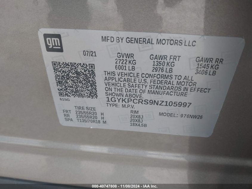 VIN 1GYKPCRS9NZ105997 2022 Cadillac XT6, Premium Lu... no.9