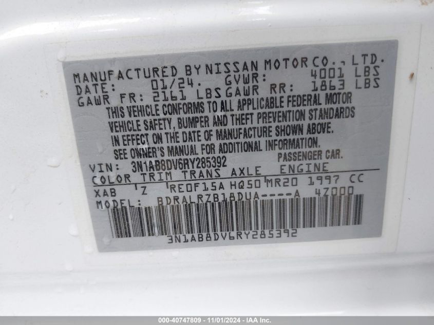 2024 Nissan Sentra Sr Xtronic Cvt VIN: 3N1AB8DV6RY285392 Lot: 40747809