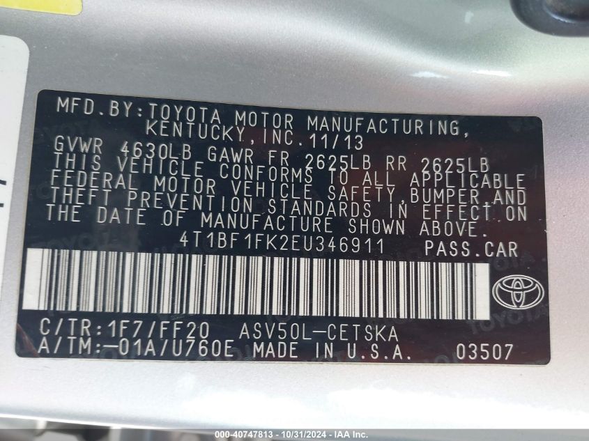 2014 Toyota Camry Se VIN: 4T1BF1FK2EU346911 Lot: 40747813