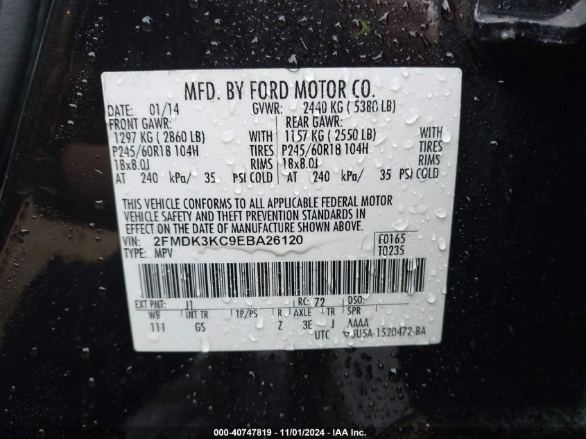 2014 Ford Edge Limited VIN: 2FMDK3KC9EBA26120 Lot: 40747819