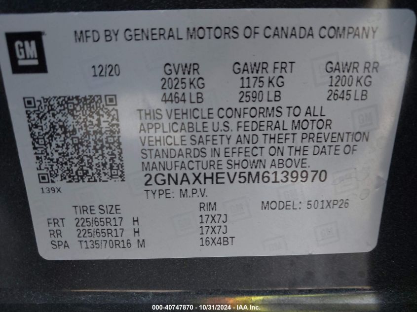 2021 Chevrolet Equinox Ls VIN: 2GNAXHEV5M6139970 Lot: 40747870