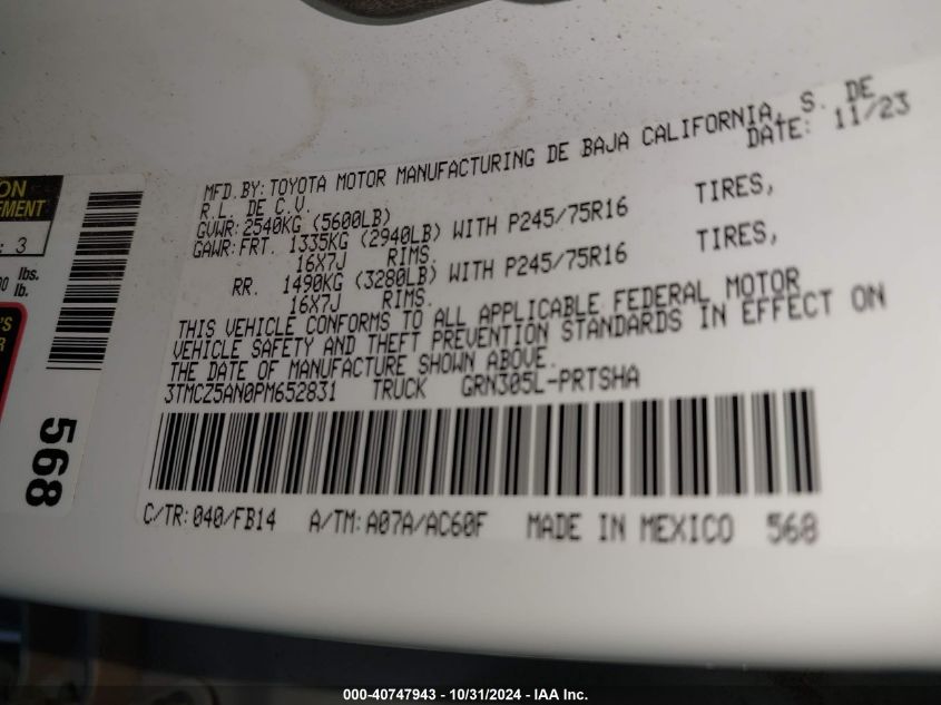 2023 Toyota Tacoma Sr V6 VIN: 03TMCZ5AN0PM65283 Lot: 40747943