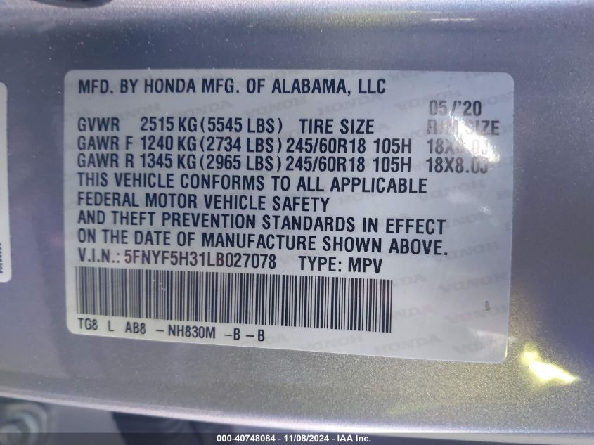 2020 Honda Pilot 2Wd Ex VIN: 5FNYF5H31LB027078 Lot: 40748084