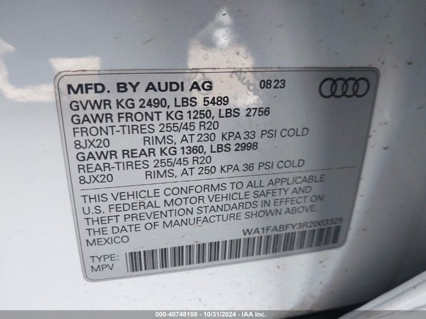 2024 Audi Q5 Prestige 45 Tfsi S Line Quattro S Tronic VIN: WA1FABFY3R2003325 Lot: 40748108