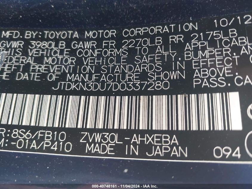 VIN JTDKN3DU7D0337280 2013 TOYOTA PRIUS no.9