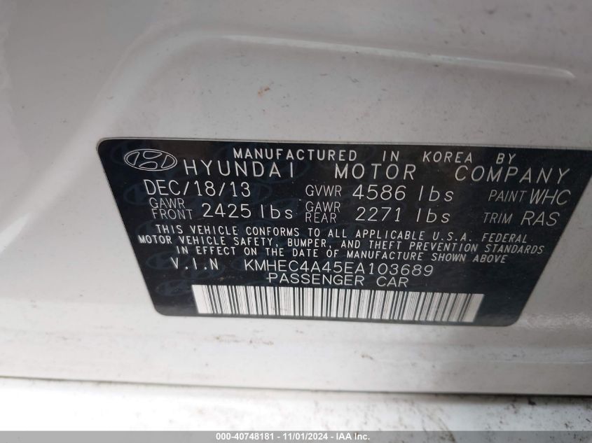 2014 Hyundai Sonata Hybrid Limited VIN: KMHEC4A45EA103689 Lot: 40748181