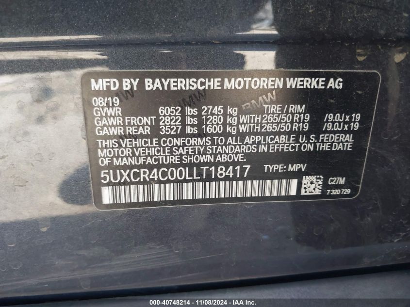 2020 BMW X5 Sdrive40I VIN: 5UXCR4C00LLT18417 Lot: 40748214