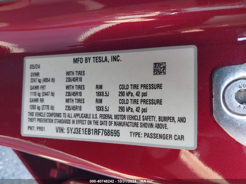 2024 Tesla Model 3 Long Range Dual Motor All-Wheel Drive VIN: 5YJ3E1EB1RF768695 Lot: 40748242