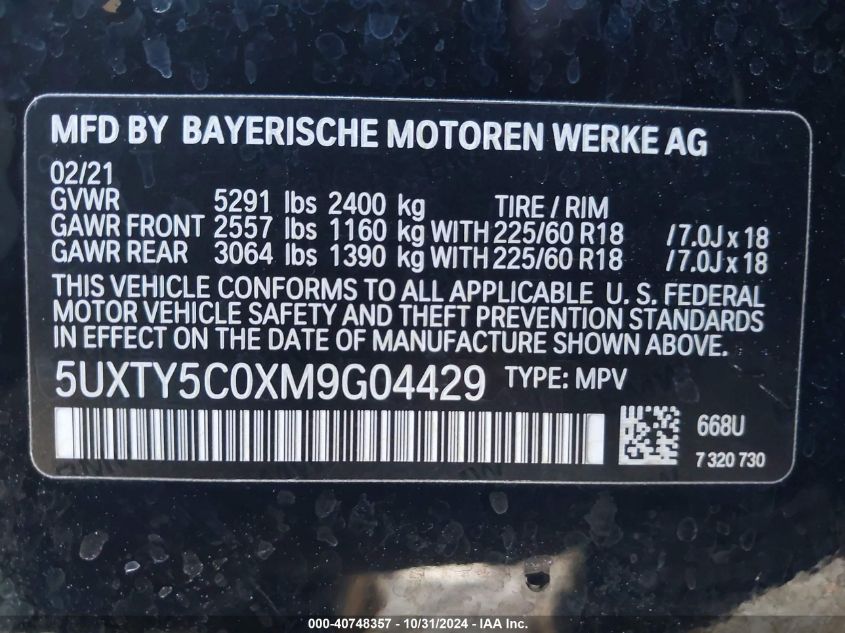 2021 BMW X3 xDrive30I VIN: 5UXTY5C0XM9G04429 Lot: 40748357