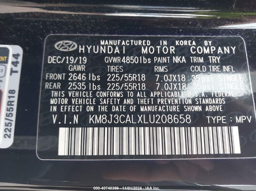 2020 Hyundai Tucson Sel VIN: KM8J3CALXLU208658 Lot: 40748398