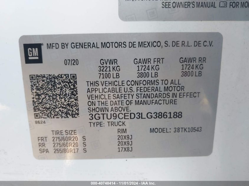 2020 GMC Sierra 1500 4Wd Short Box Elevation VIN: 3GTU9CED3LG386188 Lot: 40748414