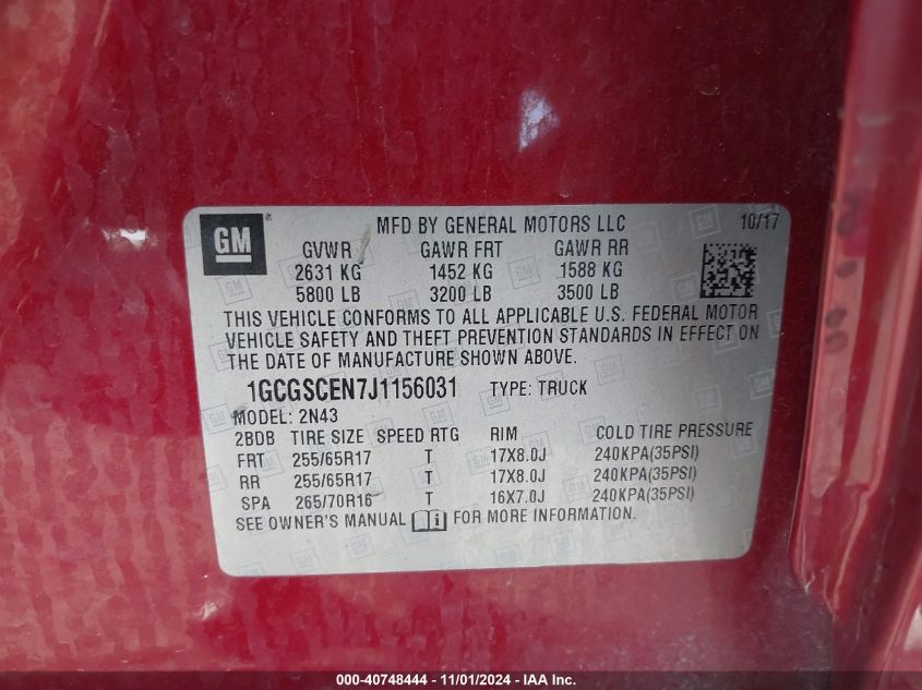 VIN 1GCGSCEN7J1156031 2018 CHEVROLET COLORADO LT