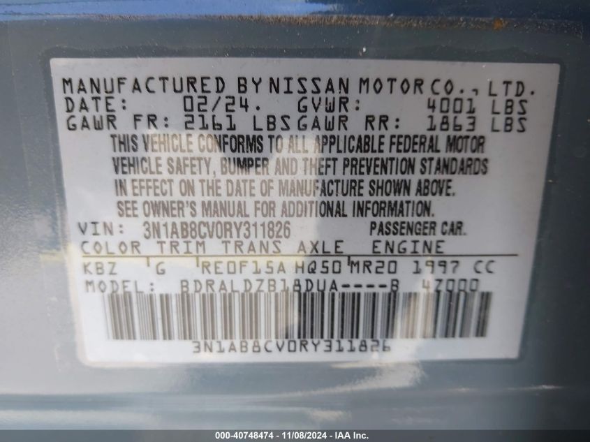 2024 Nissan Sentra Sv Xtronic Cvt VIN: 3N1AB8CV0RY311826 Lot: 40748474