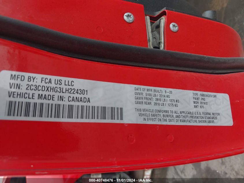2020 DODGE CHARGER VIN: 2C3CDXHG3LH224301