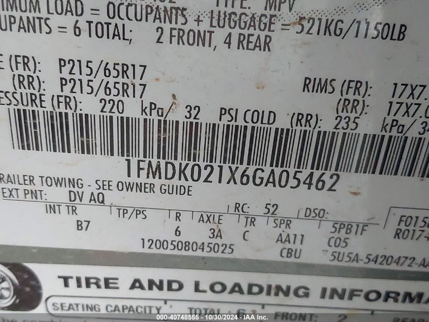 2006 Ford Freestyle Sel VIN: 1FMDK021X6GA05462 Lot: 40748555