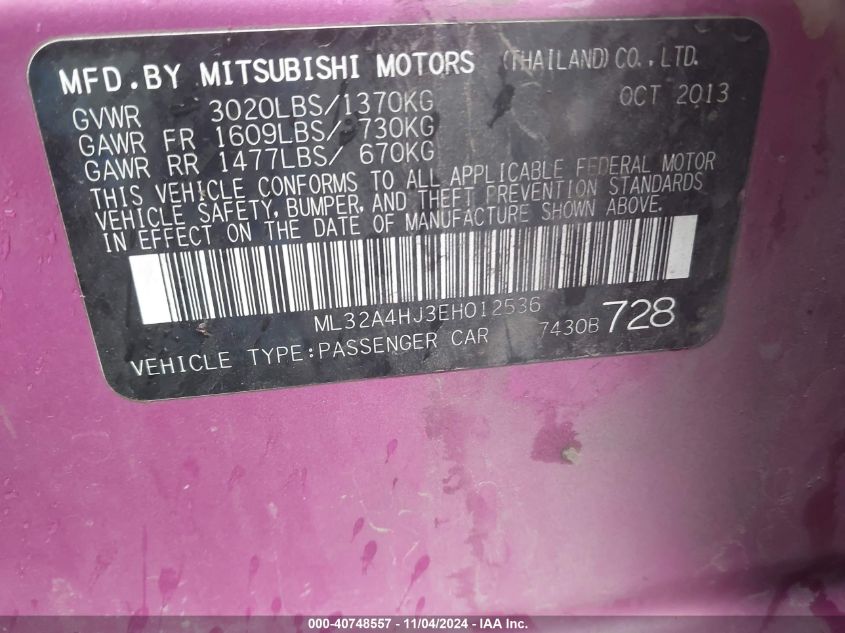 VIN ML32A4HJ3EH012536 2014 Mitsubishi Mirage, ES no.9