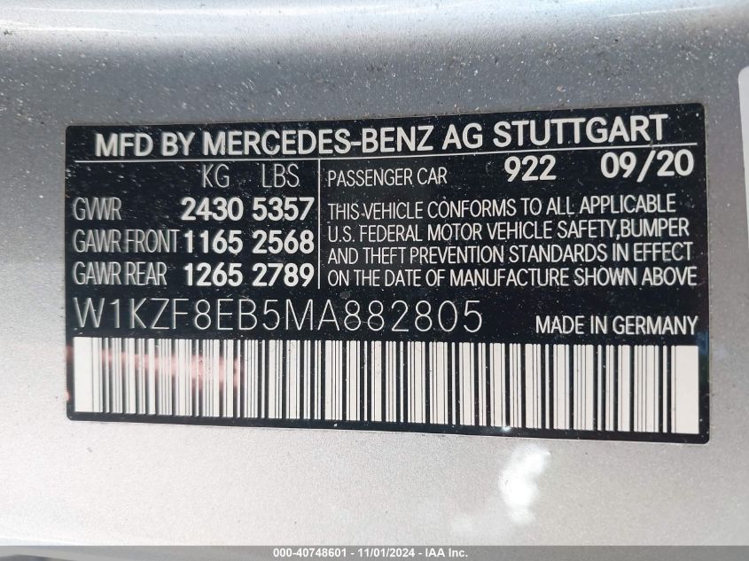 2021 Mercedes-Benz E 350 4Matic VIN: W1KZF8EB5MA882805 Lot: 40748601