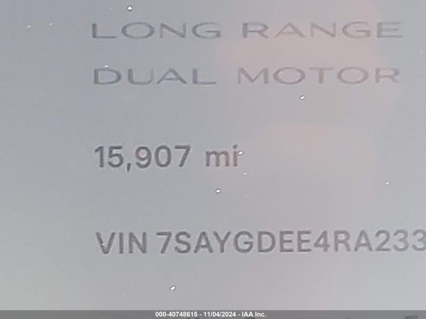 2024 Tesla Model Y Long Range Dual Motor All-Wheel Drive VIN: 7SAYGDEE4RA233940 Lot: 40748615