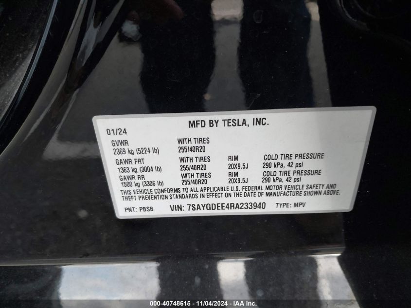 2024 Tesla Model Y Long Range Dual Motor All-Wheel Drive VIN: 7SAYGDEE4RA233940 Lot: 40748615