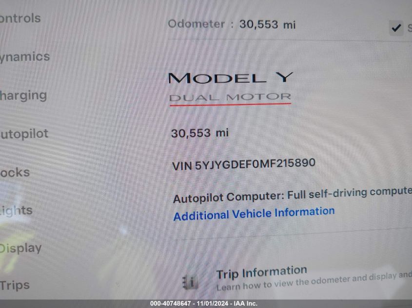 2021 Tesla Model Y Performance Dual Motor All-Wheel Drive VIN: 5YJYGDEF0MF215890 Lot: 40748647