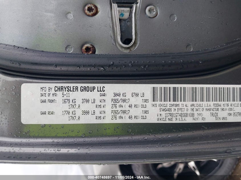 2011 Ram Ram 1500 Slt VIN: 1D7RV1GT4BS68968 Lot: 40748697