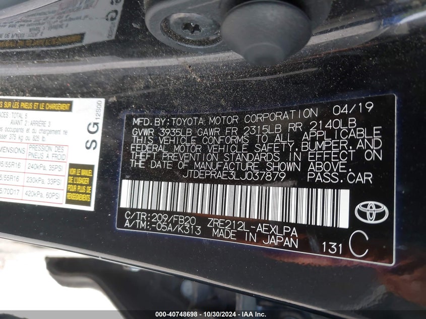 VIN JTDEPRAE3LJ037879 2020 TOYOTA COROLLA LE