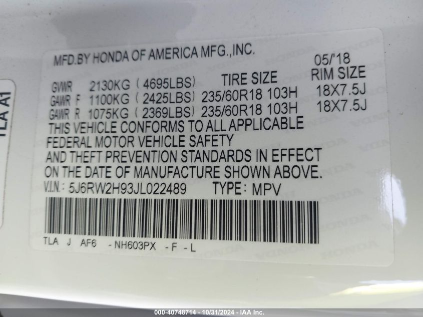 2018 Honda Cr-V Touring VIN: 5J6RW2H93JL022489 Lot: 40748714