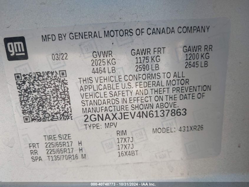 2022 Chevrolet Equinox Fwd 2Fl VIN: 2GNAXJEV4N6137863 Lot: 40748773