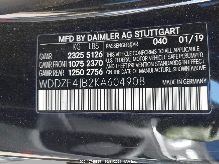 2019 Mercedes-Benz E 300 VIN: WDDZF4JB2KA604908 Lot: 40748857