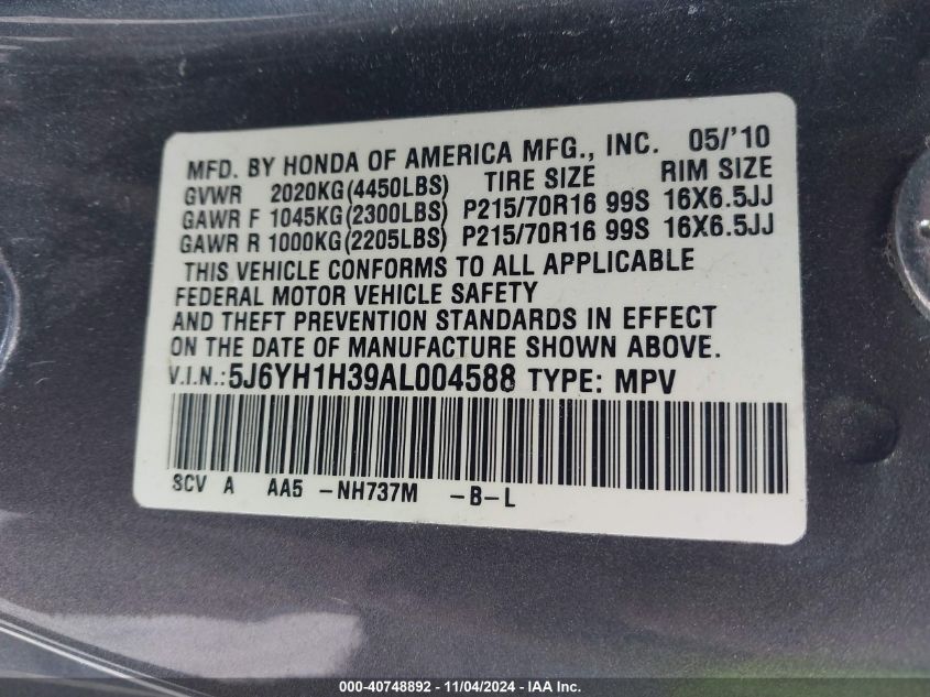 2010 Honda Element Lx VIN: 5J6YH1H39AL004588 Lot: 40748892