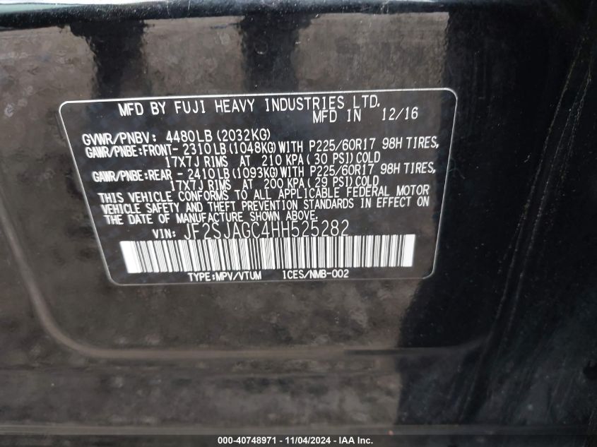 2017 SUBARU FORESTER 2.5I PREMIUM - JF2SJAGC4HH525282