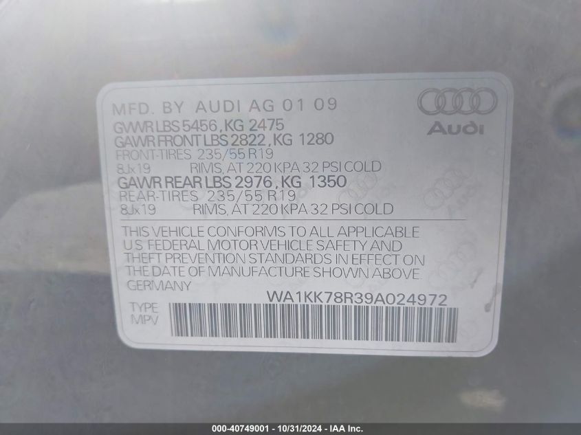 2009 Audi Q5 3.2 Premium VIN: WA1KK78R39A024972 Lot: 40749001