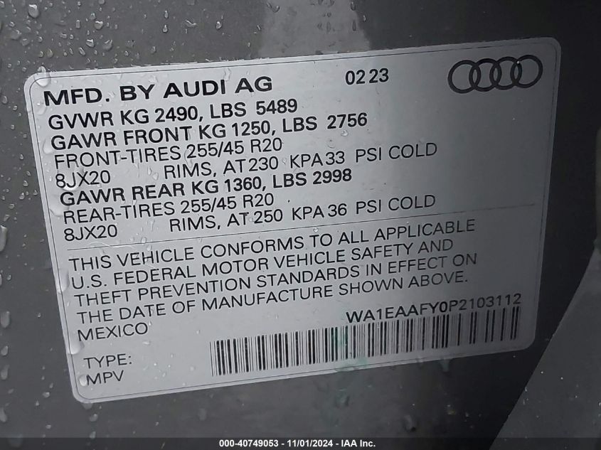 2023 Audi Q5 Premium Plus 45 Tfsi S Line Quattro VIN: WA1EAAFY0P2103112 Lot: 40749053